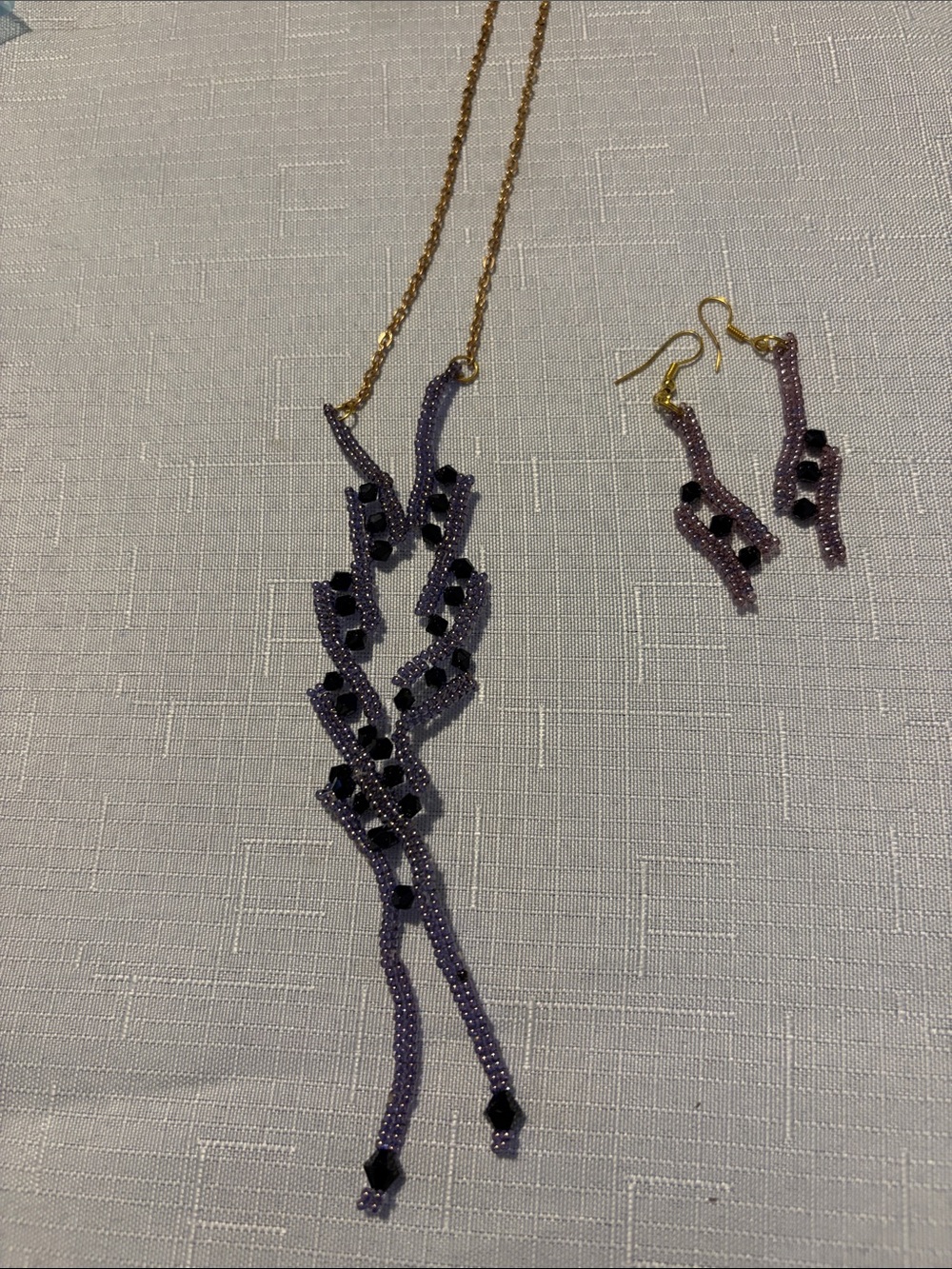 Gold-Chain Purple Beaded Fringe Necklace & Earring Set